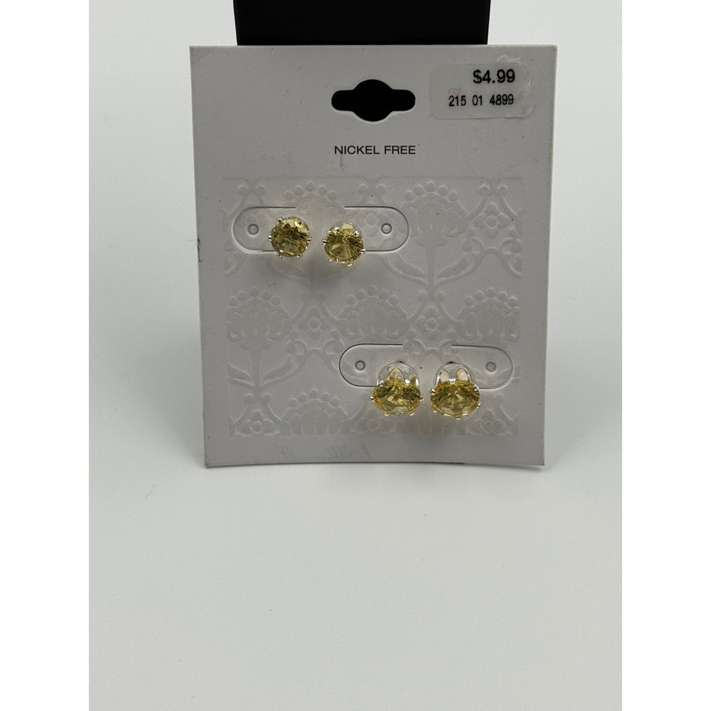 Yellow Stud Earring Set 2 Pairs Round Faceted Nickel Free Silver Tone